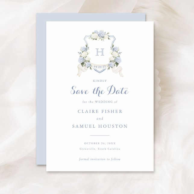 Invitation Floral Blue Hydrangea Crest Monogramme Enregistrer (Créateur téléchargé)