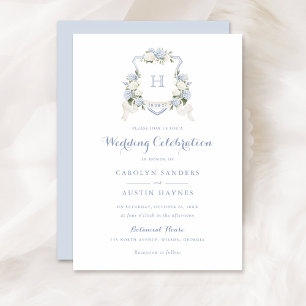 Invitation Floral Blue Hydrangea Crest Monogramme Mariage