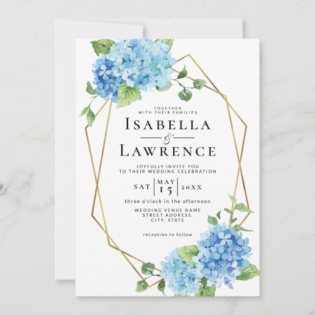 Invitation Floral Blue Hydrangea Gold Frame Mariage (Devant)