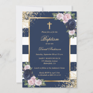Invitation Floral Blue Rose Gold Cross Élégant Baptême