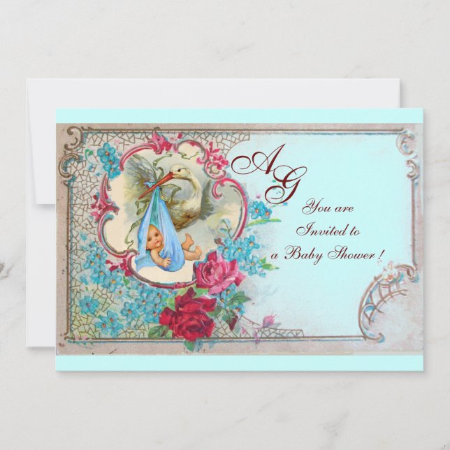 INVITATION FLORAL BLUE STORK GARÇON BABY SHOWERS ROSES, FLEUR (Devant)