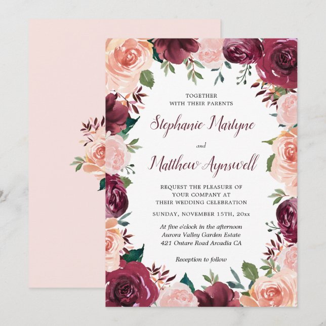 Invitation Floral Blush Bourgogne Rose Mariage frontalier (Devant / Derrière)