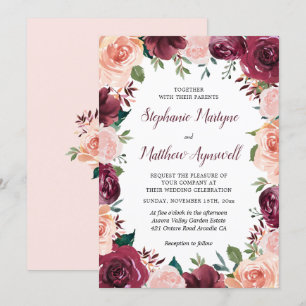 Invitation Floral Blush Bourgogne Rose Mariage frontalier