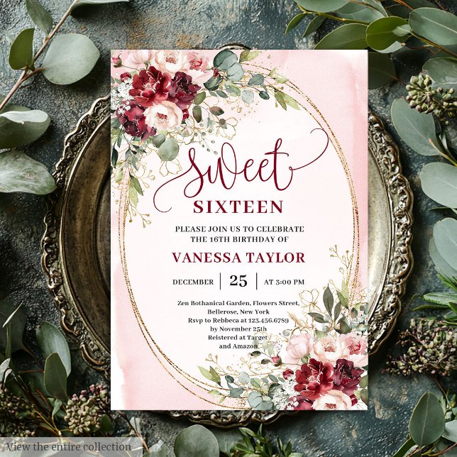 Invitation Floral Blush Burgundy Roses Sweet Sixteen Party  (Floral Blush Burgundy Roses Sweet Sixteen Party Invite

)