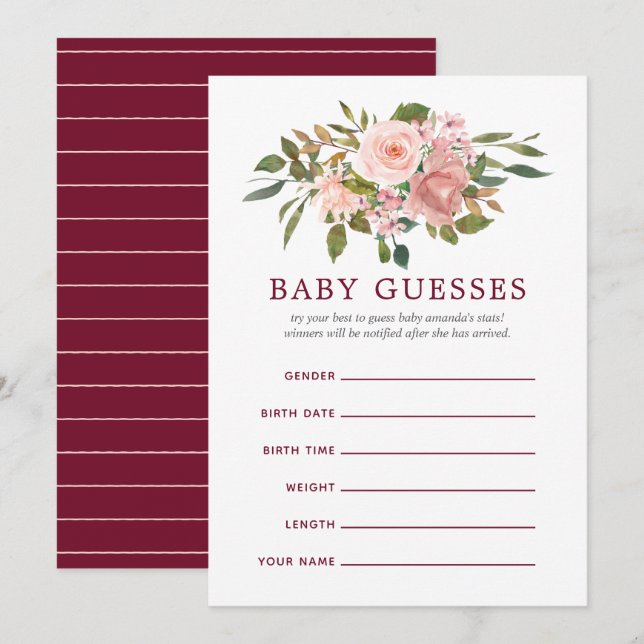 Invitation Floral Blush et Bourgogne Baby shower Baby Guesses (Devant / Derrière)