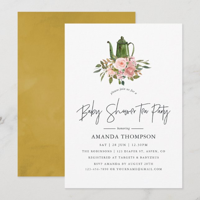 Invitation Floral Blush et Gold Baby shower Tea Party (Devant / Derrière)