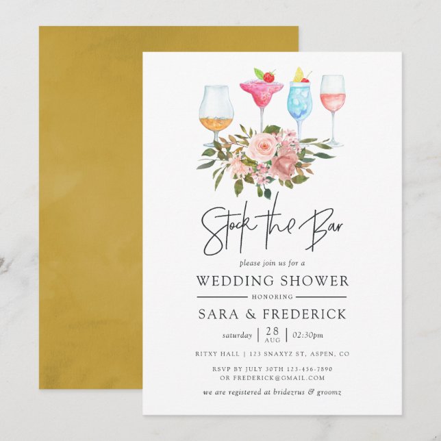 Invitation Floral Blush et Stock or du bar (Devant / Derrière)