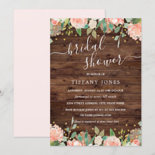 Invitation Floral Blush Gold Fête des mariées en bois rustiqu