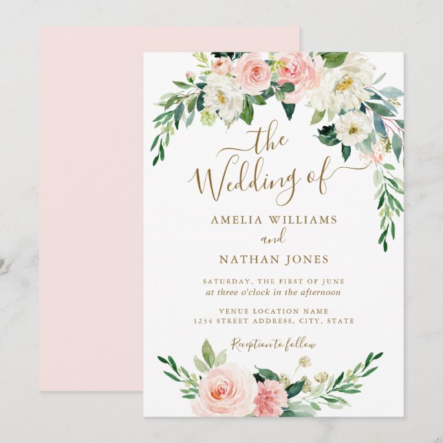 Invitation Floral Blush Gold Wreath Mariage (Devant / Derrière)