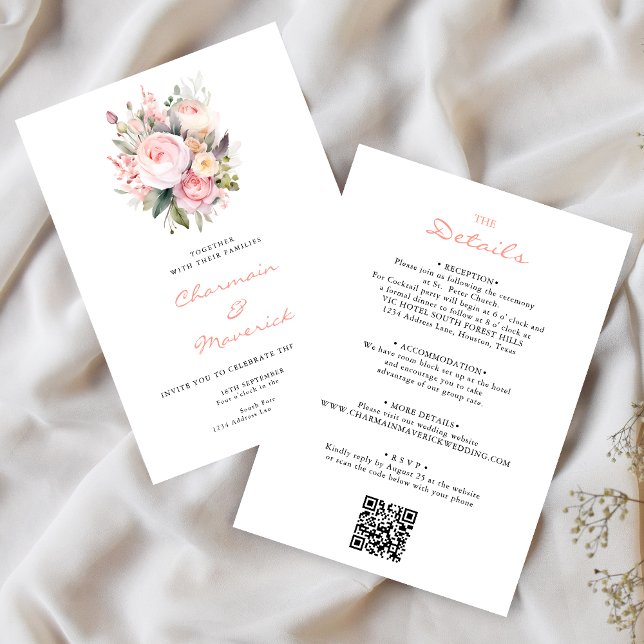 Invitation Floral Blush Mariage budget rose (Créateur téléchargé)