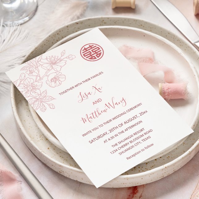 Invitation Floral Blush Mariage chinois rose (Créateur téléchargé)
