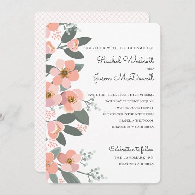 Invitation Floral Blush Mariage Suite rose | Vert (Devant / Derrière)