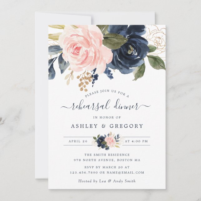Invitation Floral Blush Navy Dîner de répétition élégant (Devant)