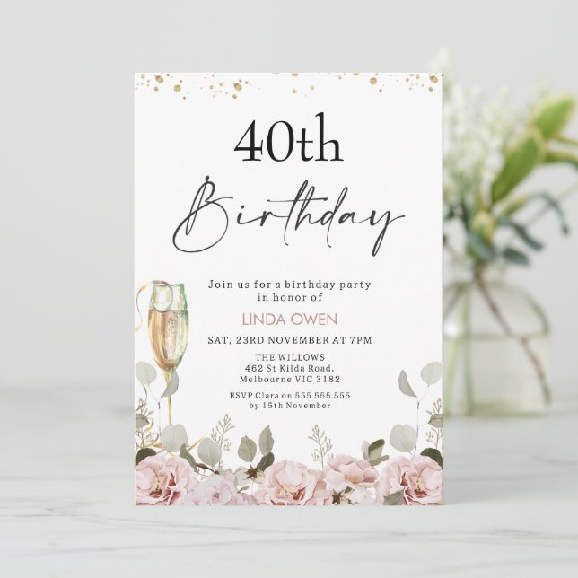 Invitation Floral Blush N'Importe Quel Âge Anniversaire (Debout devant)