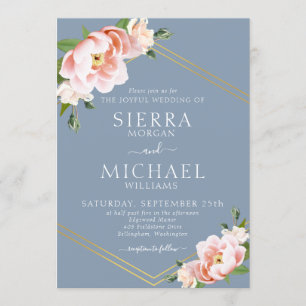 Invitation Floral Blush or géométrique Dusty Mariage bleu