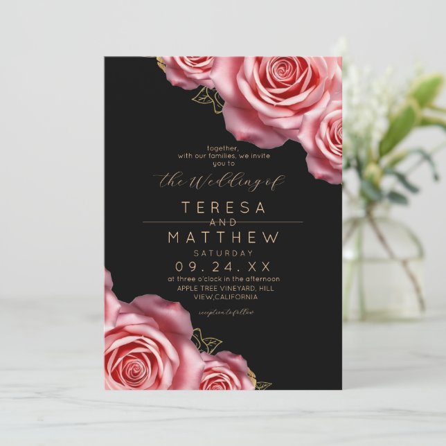 Invitation Floral Blush Pink and Black Modern Wedding (Debout devant)