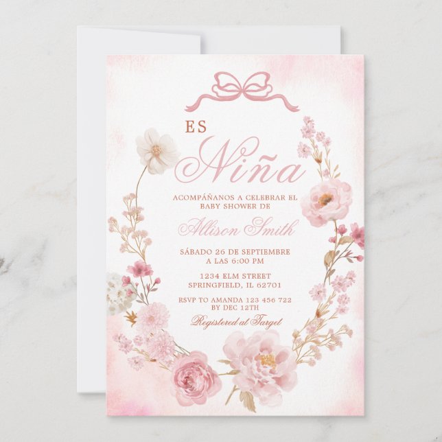 Invitation Floral Blush Pink Es Nina Baby shower espagnol (Devant)