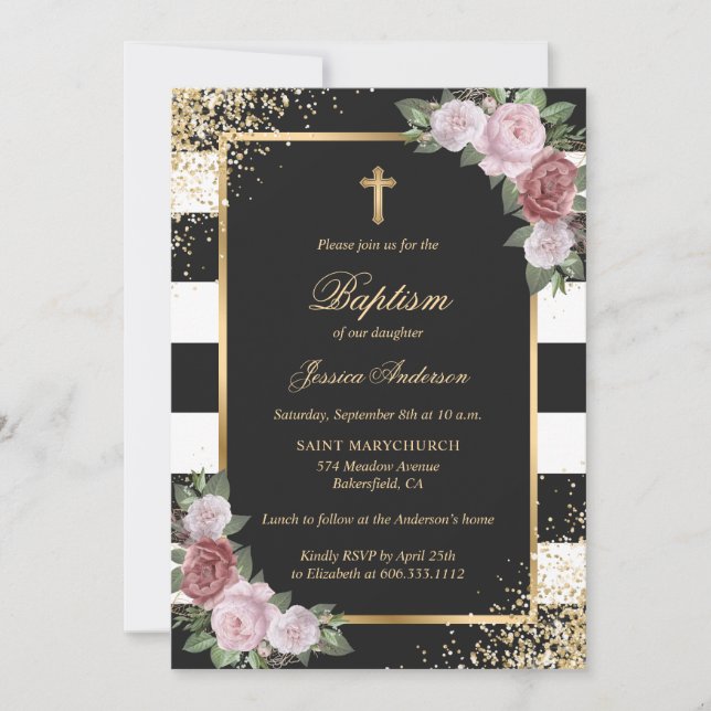 Invitation Floral Blush Pink Gold Cross Black Élégant Baptême (Devant)