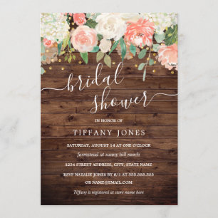 Invitation Floral Blush Pink Gold Rustic Wood Fête des mariée
