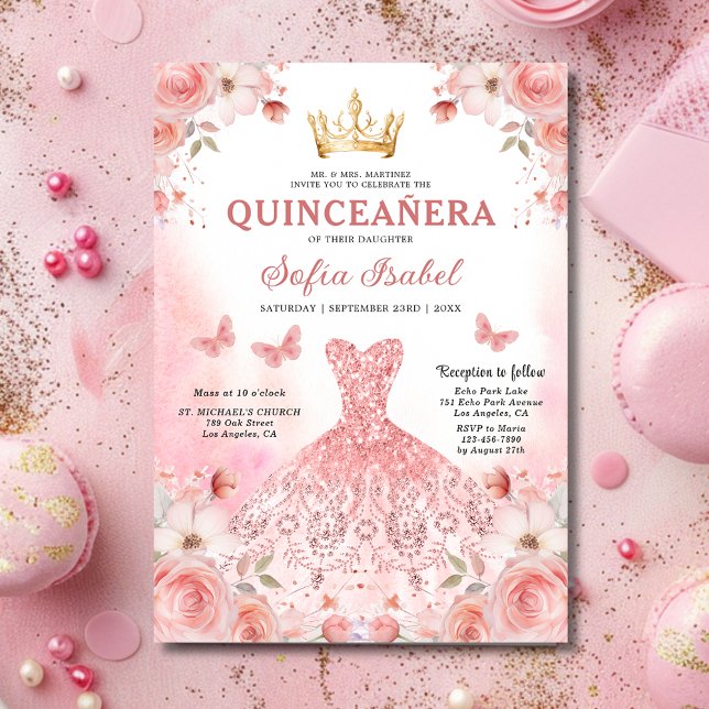 Invitation Floral Blush rose Bilingue Espagnol Quinceanera (Créateur téléchargé)