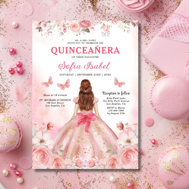 Invitation Floral Blush rose Bilingue Espagnol Quinceanera (Créateur téléchargé)