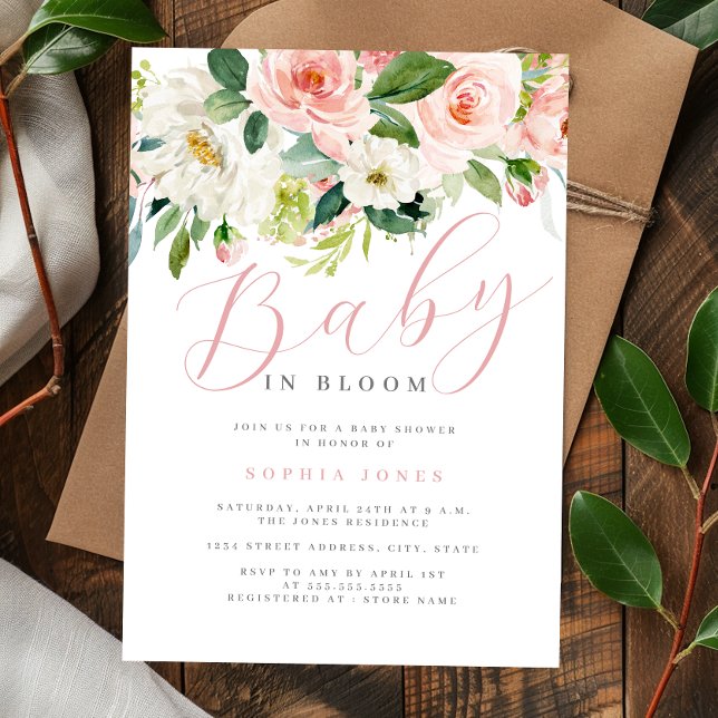Invitation Floral Blush rose fille bébé dans le Baby shower e (Créateur téléchargé)
