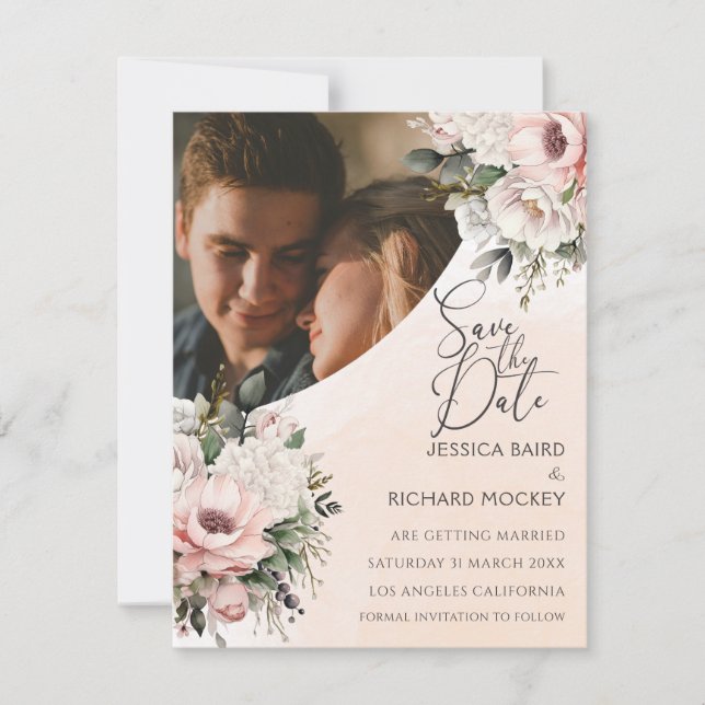 Invitation Floral Blush rose Mariage Photo Enregistrer la car (Devant)