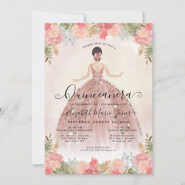 Invitation Floral Blush rose princesse Anniversaire Quinceane (Devant)