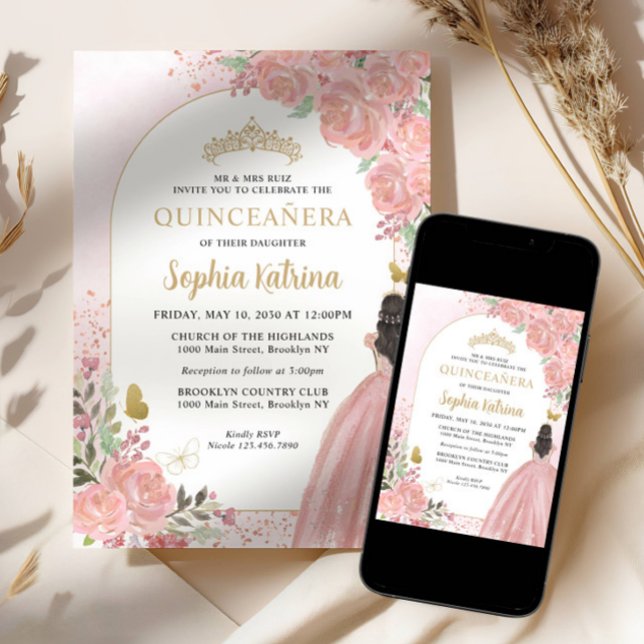 Invitation Floral Blush rose princesse Anniversaire Quinceane (Créateur téléchargé)