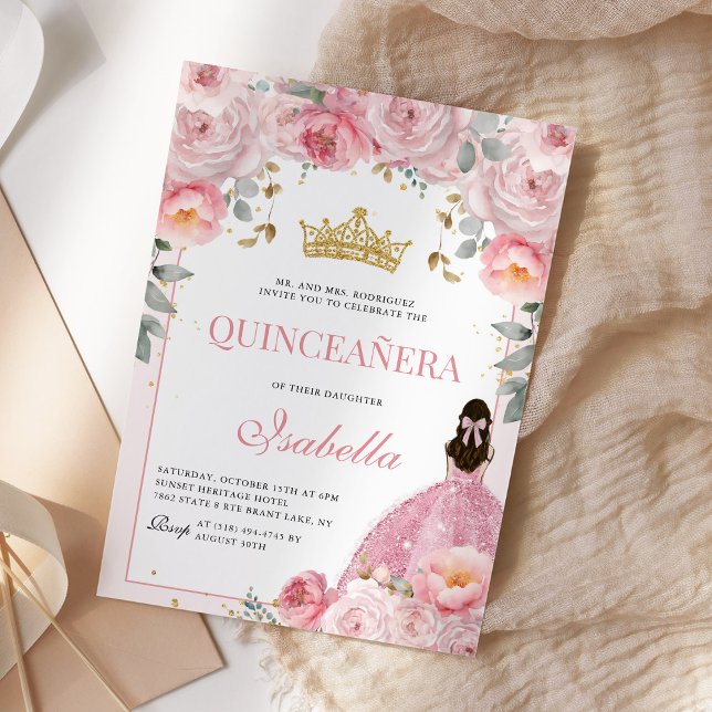 Invitation Floral Blush rose Quinceanera Gold Princesse (Créateur téléchargé)
