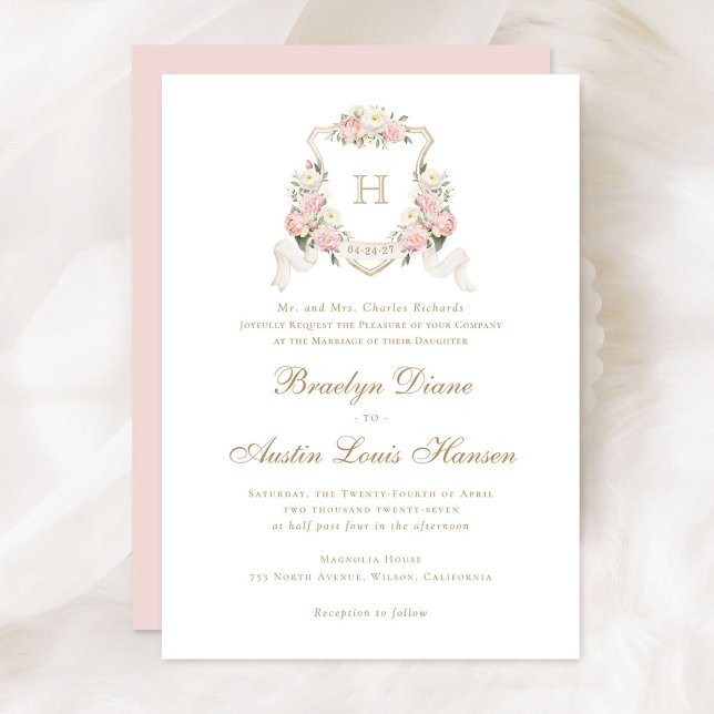 Invitation Floral Blush Rose Vert Crest Monogramme Mariage (Créateur téléchargé)