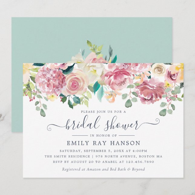 Invitation Floral Blush verdure Fête des mariées Eucalyptus (Devant / Derrière)