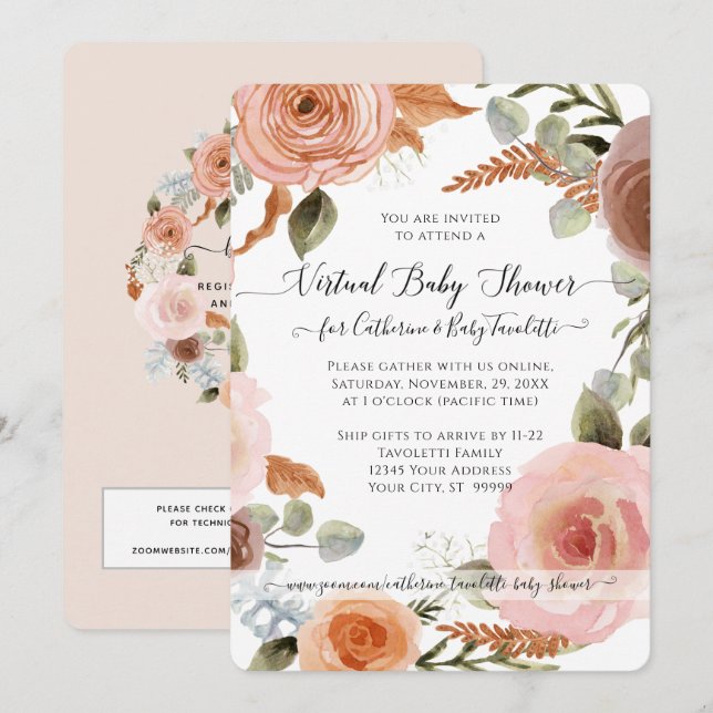 Invitation Floral Boho Blush Earth Tone Bébé Douche virtuelle (Devant / Derrière)