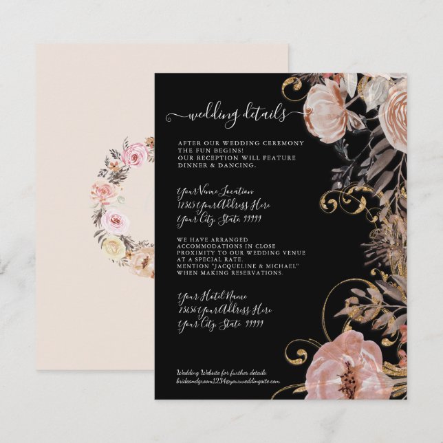 Invitation Floral Boho Blush Rose Gold séché Détails du Maria (Devant / Derrière)