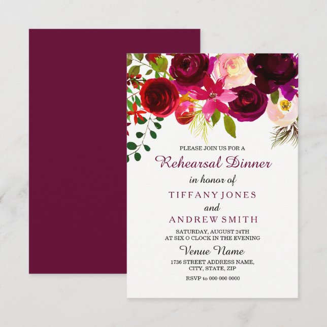 Invitation Floral Boho Bourgogne Mariage rouge Dîner de répét (Devant / Derrière)