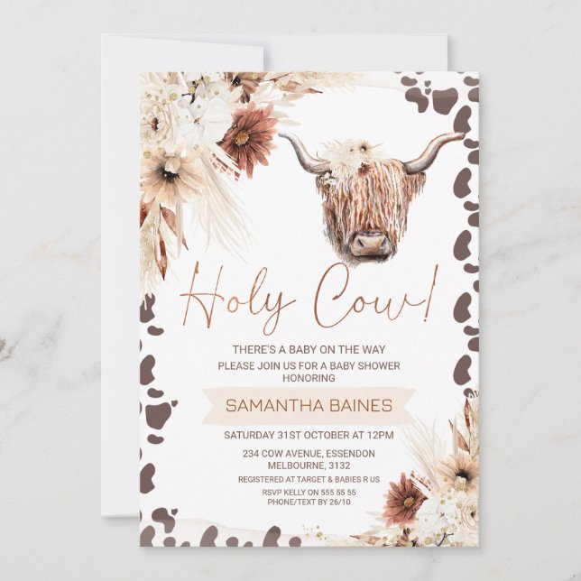Invitation Floral Boho Brown Holy Cow Highland Baby shower (Devant)