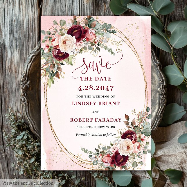 Invitation Floral Boho Burgundy Blush Gold Roses Save Date (Floral Boho Burgundy Blush Gold Roses Save the Date

)