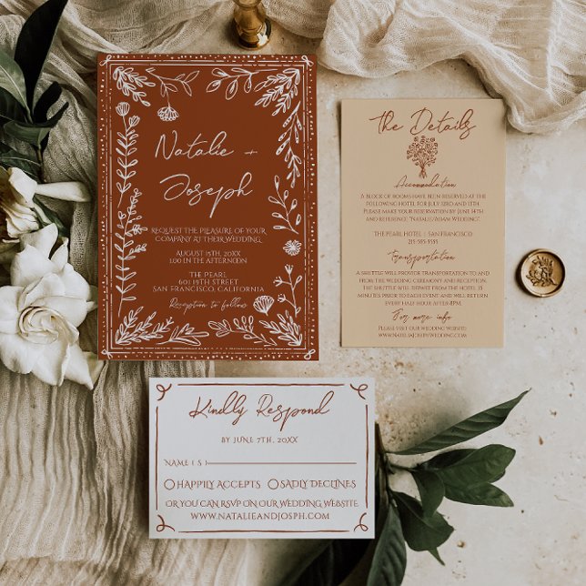 Invitation Floral Boho Burnt Orange Terracotta Herbal Wedding (Créateur téléchargé)