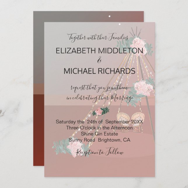 Invitation Floral Boho Desert Rustic Teepee / Tipi Mariage (Devant / Derrière)