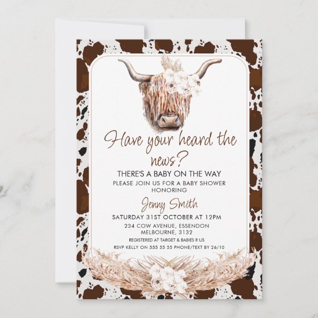 Invitation Floral Boho Highland Vache Baby shower d'impressio (Devant)