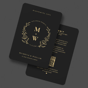Invitation Floral Boho Mariage Monogramme Elégant Black Gold