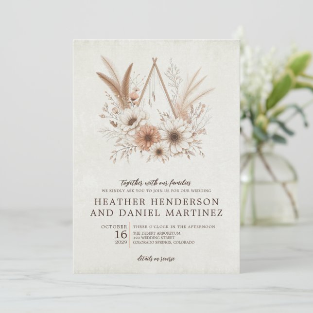 Invitation Floral Boho neutre avec Mariage de détails (Debout devant)