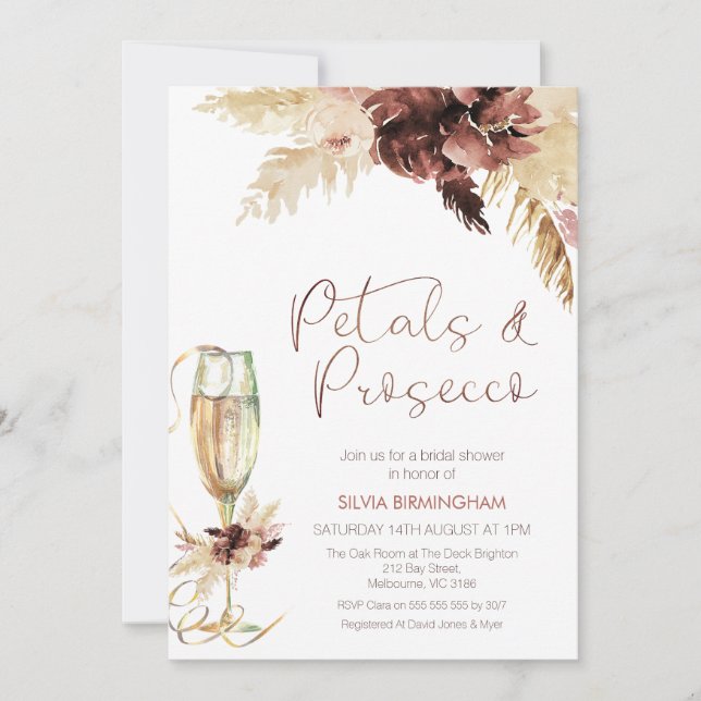Invitation Floral Boho Pétales en verre Prosecco Fête des mar (Devant)