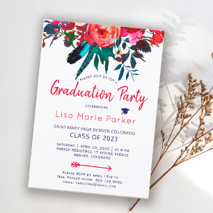 Invitation Floral boho rouge marine bleu bouquet fête de grad