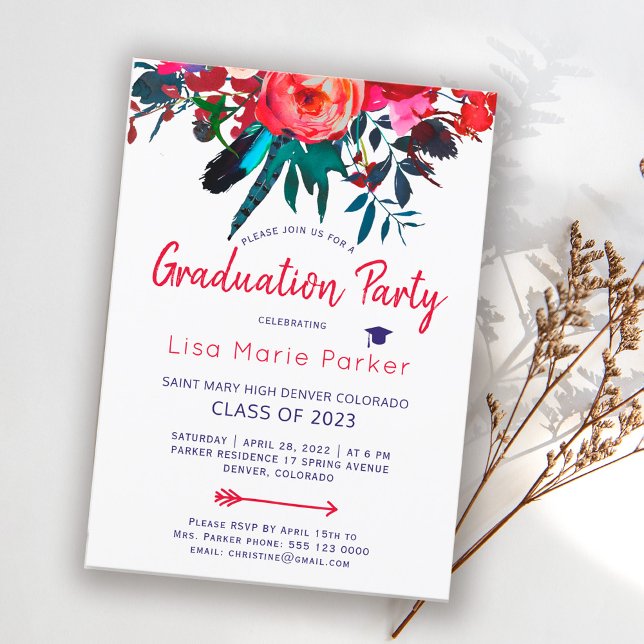 Invitation Floral boho rouge marine bleu bouquet fête de grad (Créateur téléchargé)