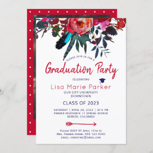 Invitation Floral boho rouge marine Fête de graduation PHOTO