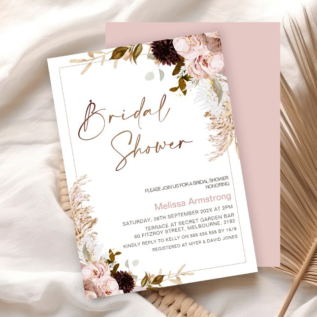 Invitation Floral Boho rustique avec Fête des mariées de cadr (Boho Floral Bridal Shower Invitation, Natural Tones, Blush Bohemian Floral Bridal Shower Invite)