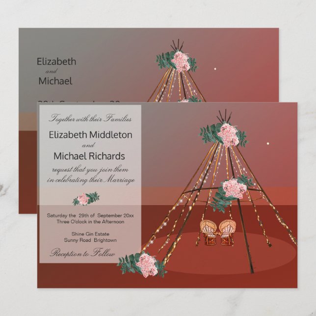 Invitation Floral Boho Rustique Desert Teepee / Tipi Mariage (Devant / Derrière)