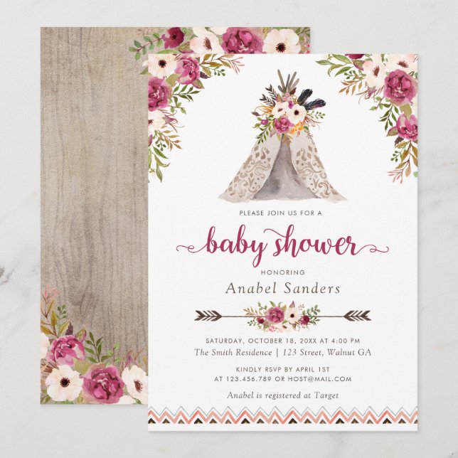 Invitation Floral Boho Teepee Chic Arrows Baby shower tribal (Devant / Derrière)