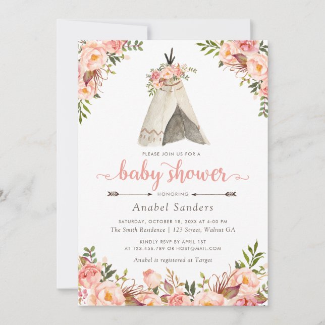 Invitation Floral Boho Teepee Chic Arrows Baby shower tribal (Devant)